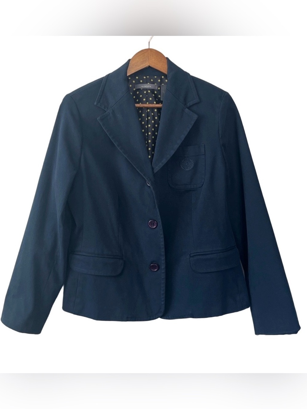 Liz Claiborne Navy Blazer with Embroidered Crest Pocket Polka Dot Lining Size 12